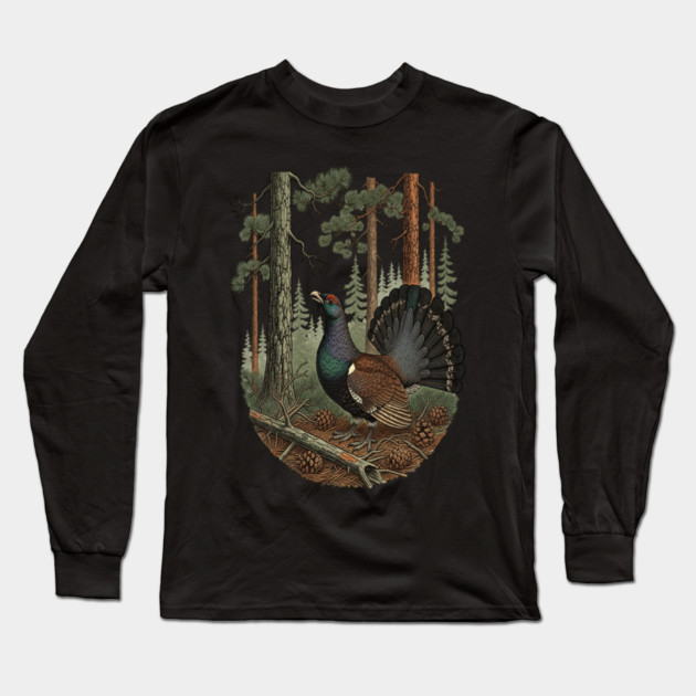 Evergreen Capercaillie Forest Art Long Sleeve T-Shirt by BirdsnStuff