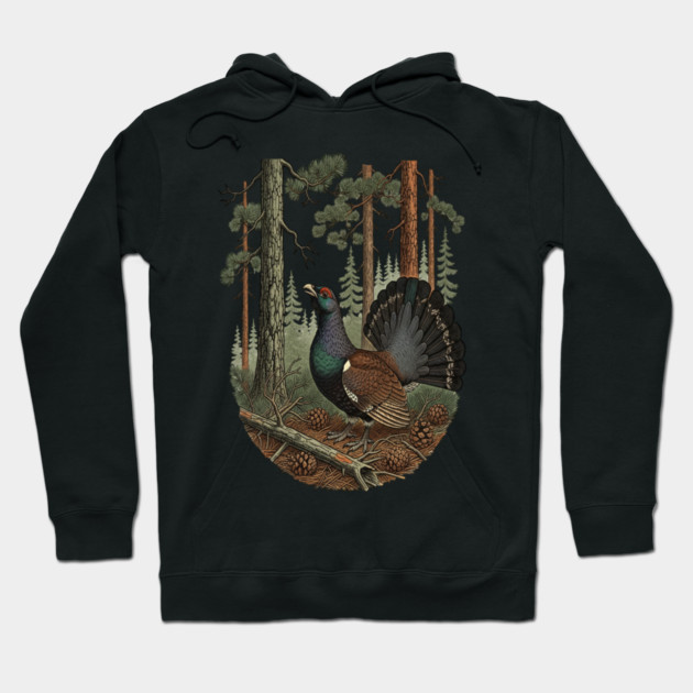 Evergreen Capercaillie Forest Art Hoodie by BirdsnStuff