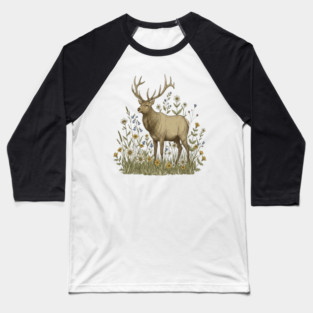 Alpine Elk Wildflower Wildlife Art Baseball T-Shirt