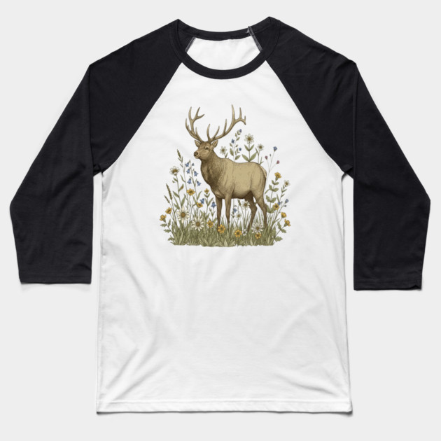 Alpine Elk Wildflower Wildlife Art Baseball T-Shirt by BirdsnStuff