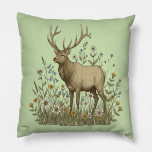 Alpine Elk Wildflower Wildlife Art Pillow