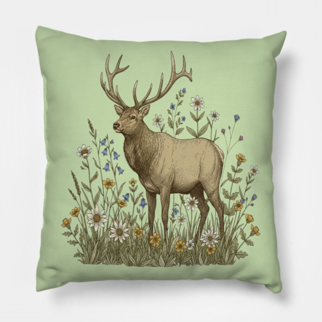 Alpine Elk Wildflower Wildlife Art Pillow by BirdsnStuff