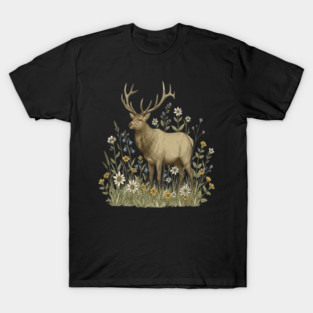 Alpine Elk Wildflower Wildlife Art T-Shirt