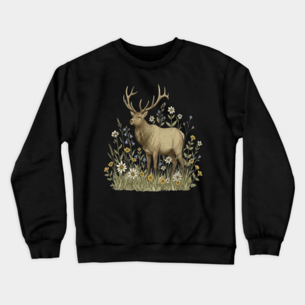 Alpine Elk Wildflower Wildlife Art Crewneck Sweatshirt by BirdsnStuff