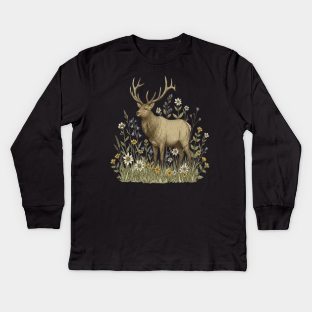 Alpine Elk Wildflower Wildlife Art Kids Long Sleeve T-Shirt by BirdsnStuff