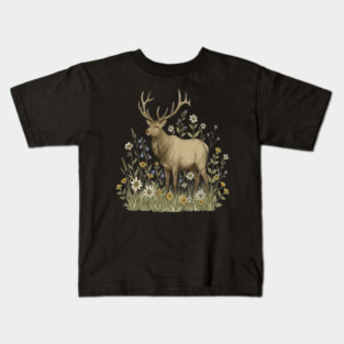 Alpine Elk Wildflower Wildlife Art Kids T-Shirt