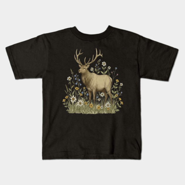 Alpine Elk Wildflower Wildlife Art Kids T-Shirt by BirdsnStuff