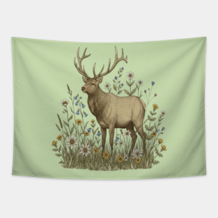 Alpine Elk Wildflower Wildlife Art Tapestry