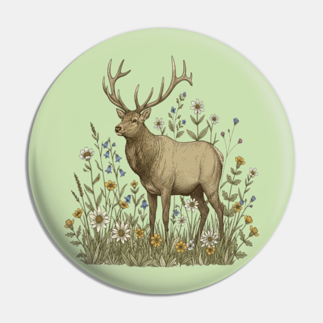 Alpine Elk Wildflower Wildlife Art Pin by BirdsnStuff