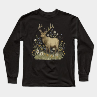 Alpine Elk Wildflower Wildlife Art Long Sleeve T-Shirt
