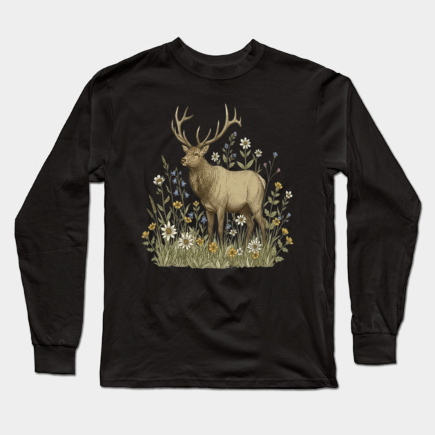 Alpine Elk Wildflower Wildlife Art Long Sleeve T-Shirt by BirdsnStuff