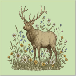 Alpine Elk Wildflower Wildlife Art Posters and Art