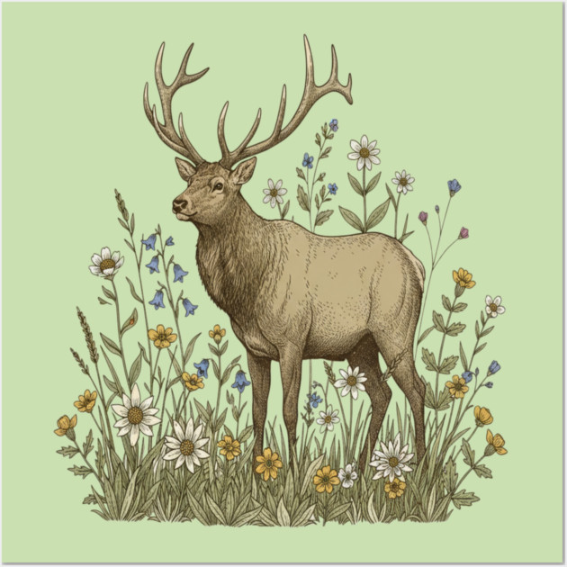 Alpine Elk Wildflower Wildlife Art Wall Art by BirdsnStuff