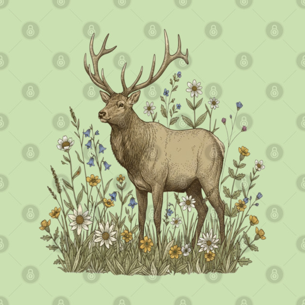 Alpine Elk Wildflower Wildlife Art by BirdsnStuff