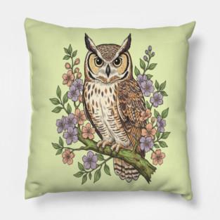 Great Horned Owl Lavender Floral Wildlife Art Pillow