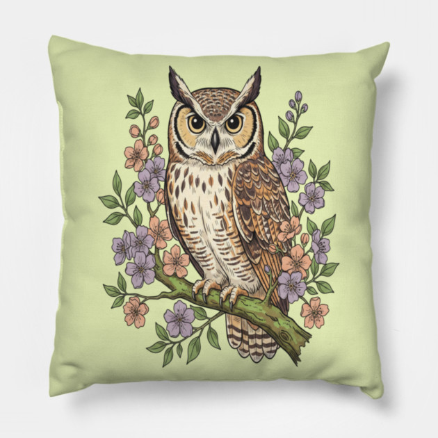 Great Horned Owl Lavender Floral Wildlife Art Pillow by BirdsnStuff