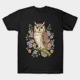 Great Horned Owl Lavender Floral Wildlife Art T-Shirt