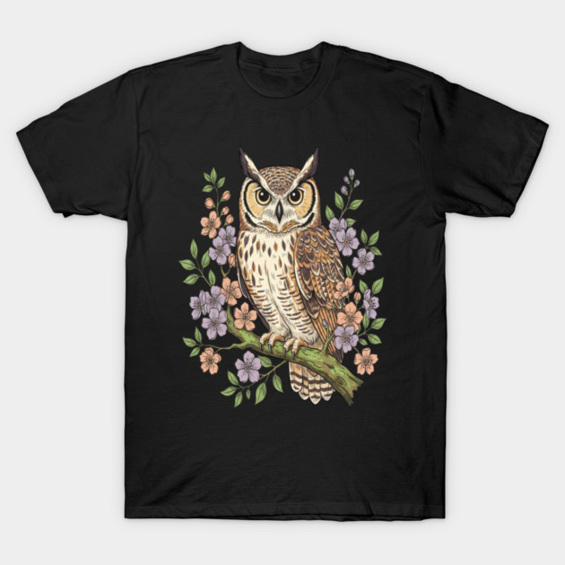 Great Horned Owl Lavender Floral Wildlife Art T-Shirt by BirdsnStuff