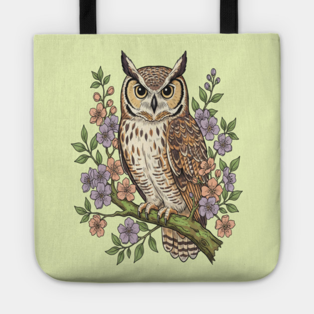 Great Horned Owl Lavender Floral Wildlife Art Tote by BirdsnStuff