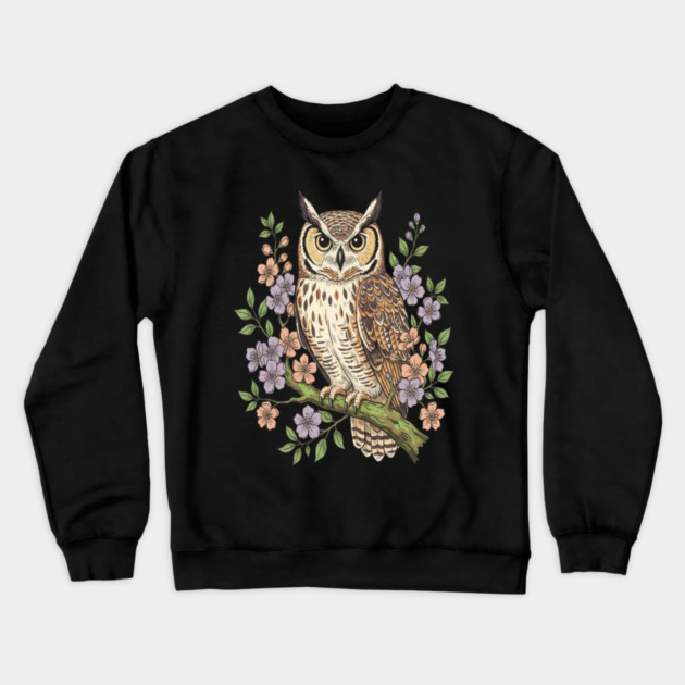 Great Horned Owl Lavender Floral Wildlife Art Crewneck Sweatshirt by BirdsnStuff