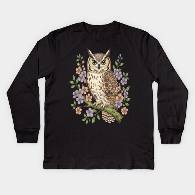 Great Horned Owl Lavender Floral Wildlife Art Kids Long Sleeve T-Shirt by BirdsnStuff
