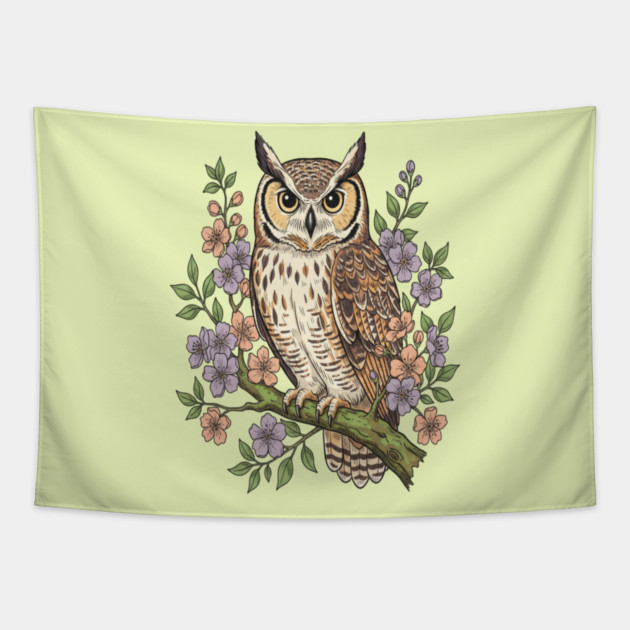 Great Horned Owl Lavender Floral Wildlife Art Tapestry by BirdsnStuff