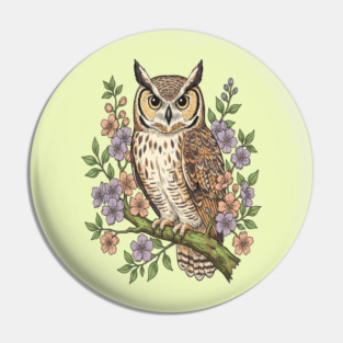 Great Horned Owl Lavender Floral Wildlife Art Pin