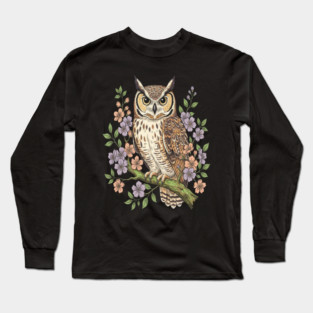Great Horned Owl Lavender Floral Wildlife Art Long Sleeve T-Shirt