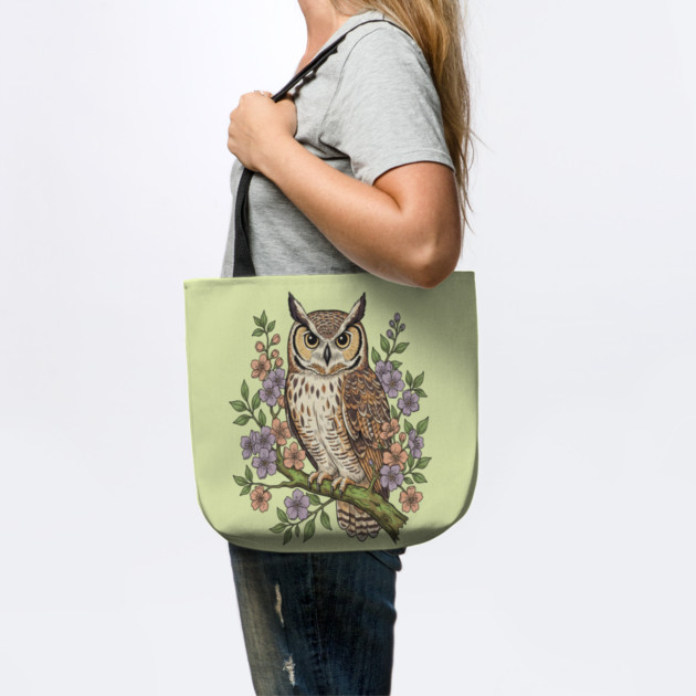 Great Horned Owl Lavender Floral Wildlife Art by BirdsnStuff