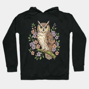 Great Horned Owl Lavender Floral Wildlife Art Hoodie
