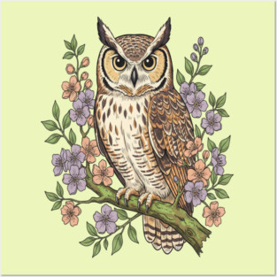 Great Horned Owl Lavender Floral Wildlife Art Posters and Art