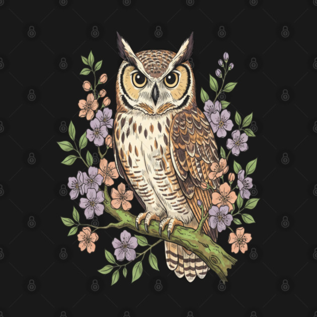Great Horned Owl Lavender Floral Wildlife Art by BirdsnStuff