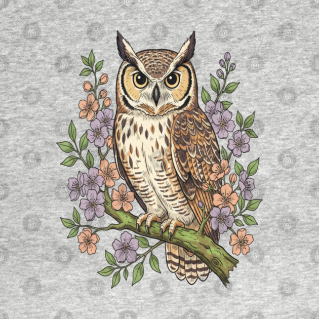 Great Horned Owl Lavender Floral Wildlife Art by BirdsnStuff