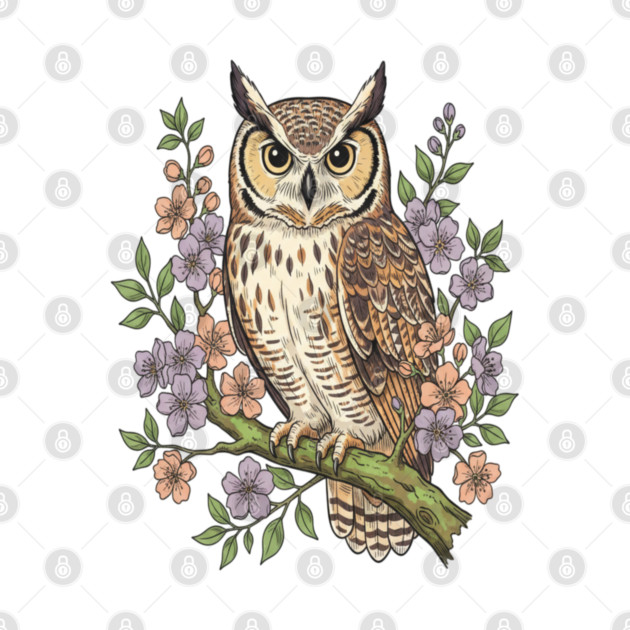 Great Horned Owl Lavender Floral Wildlife Art by BirdsnStuff
