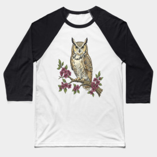 Great Horned Owl with Cherry Blossoms Botanical Art Baseball T-Shirt