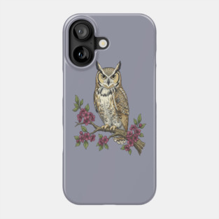 Great Horned Owl with Cherry Blossoms Botanical Art Phone Case