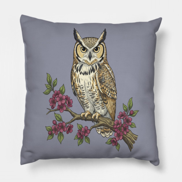 Great Horned Owl with Cherry Blossoms Botanical Art Pillow by BirdsnStuff
