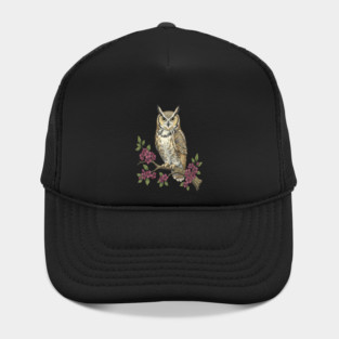 Great Horned Owl with Cherry Blossoms Botanical Art Hat