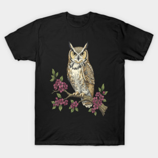 Great Horned Owl with Cherry Blossoms Botanical Art T-Shirt