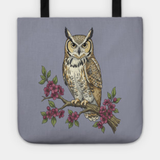 Great Horned Owl with Cherry Blossoms Botanical Art Tote
