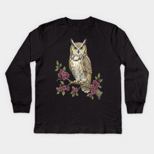 Great Horned Owl with Cherry Blossoms Botanical Art Kids Long Sleeve T-Shirt