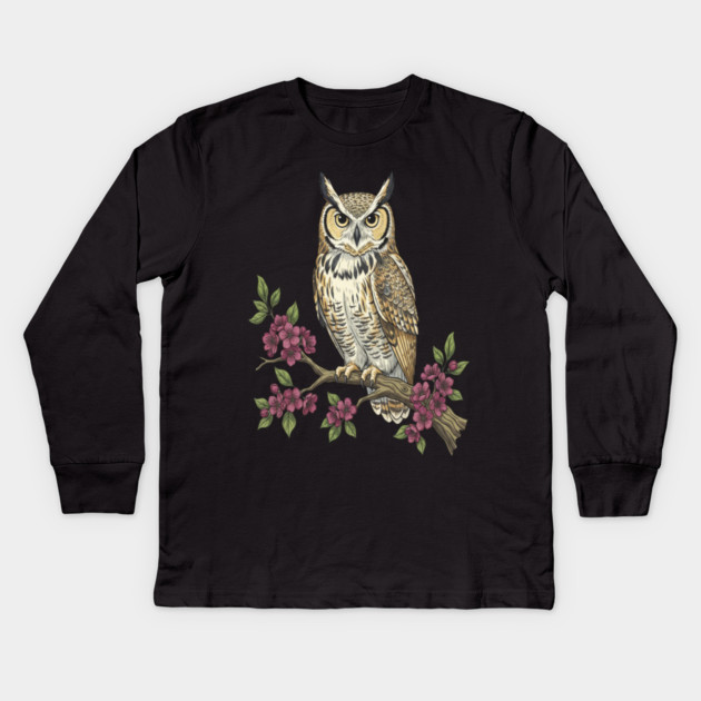 Great Horned Owl with Cherry Blossoms Botanical Art Kids Long Sleeve T-Shirt by BirdsnStuff