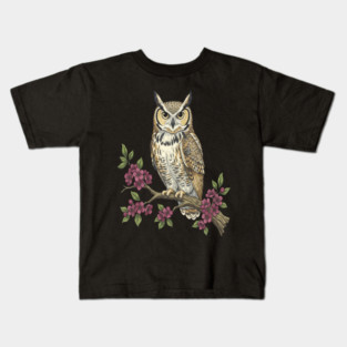 Great Horned Owl with Cherry Blossoms Botanical Art Kids T-Shirt