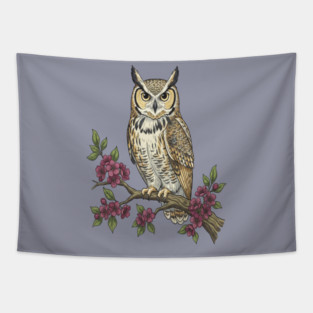 Great Horned Owl with Cherry Blossoms Botanical Art Tapestry