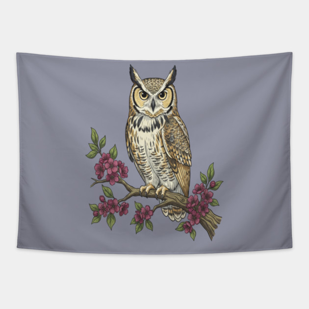 Great Horned Owl with Cherry Blossoms Botanical Art Tapestry by BirdsnStuff