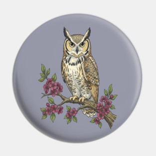 Great Horned Owl with Cherry Blossoms Botanical Art Pin