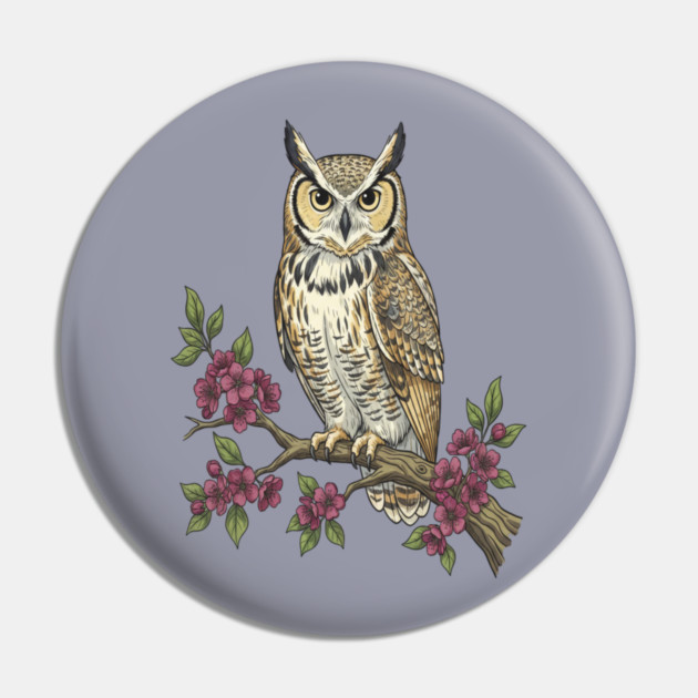 Great Horned Owl with Cherry Blossoms Botanical Art Pin by BirdsnStuff