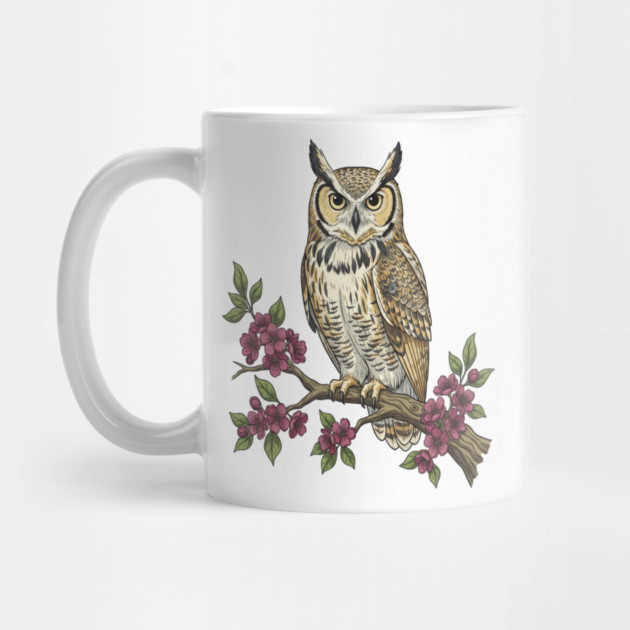 Great Horned Owl with Cherry Blossoms Botanical Art by BirdsnStuff
