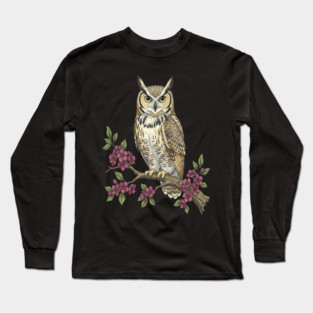 Great Horned Owl with Cherry Blossoms Botanical Art Long Sleeve T-Shirt