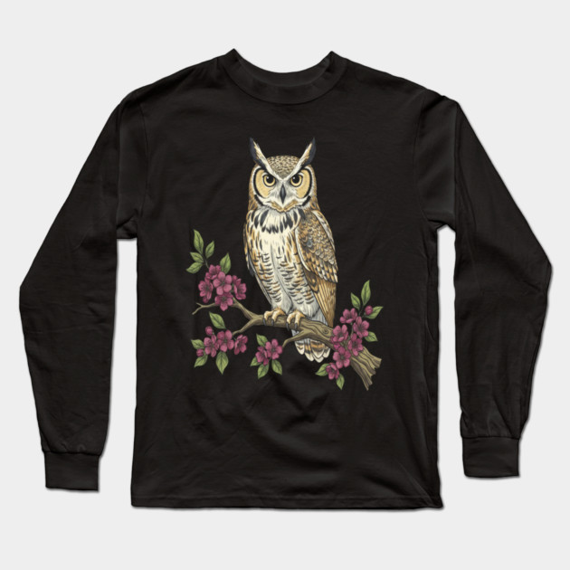 Great Horned Owl with Cherry Blossoms Botanical Art Long Sleeve T-Shirt by BirdsnStuff
